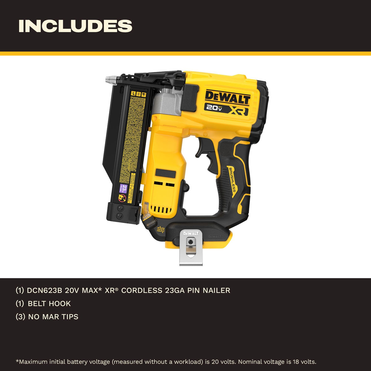 DEWALT DCN623B 20V MAX* XR® 23 Gauge Pin Nailer (Tool Only) - feature callout