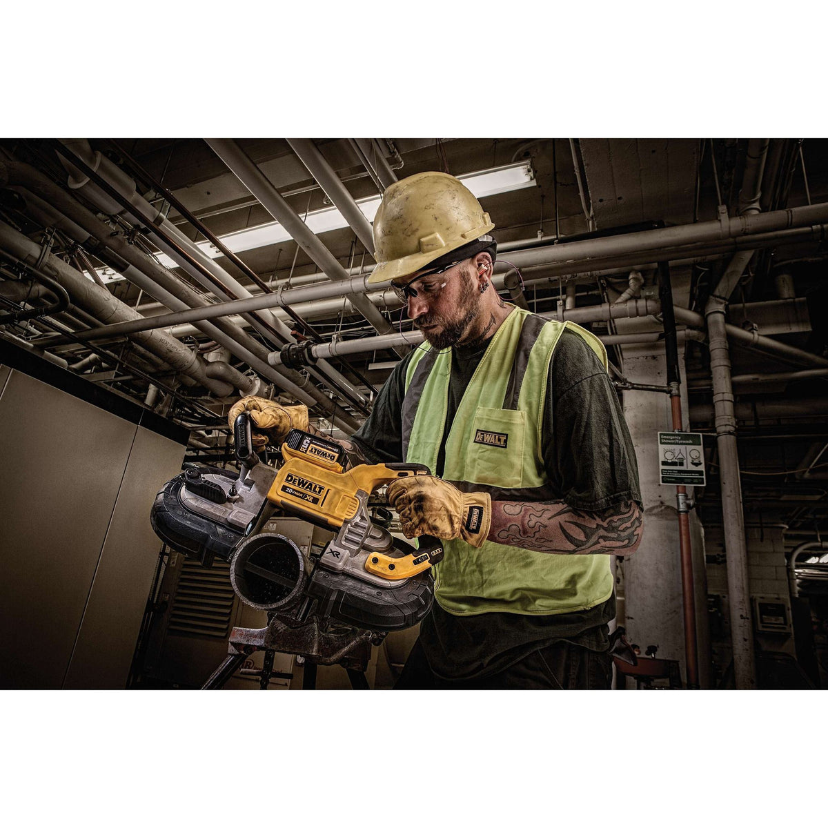 DEWALT DCS374P2 20V Max Deep Cut Band Saw Kit - in use