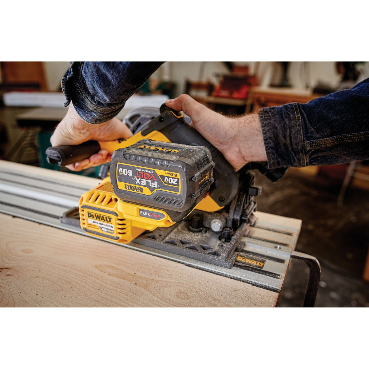DEWALT DCS520T1 Flexvolt 60V Max Circular Saw, 6-1/2-Inch, Cordless Tracksaw Kit - detail close-up