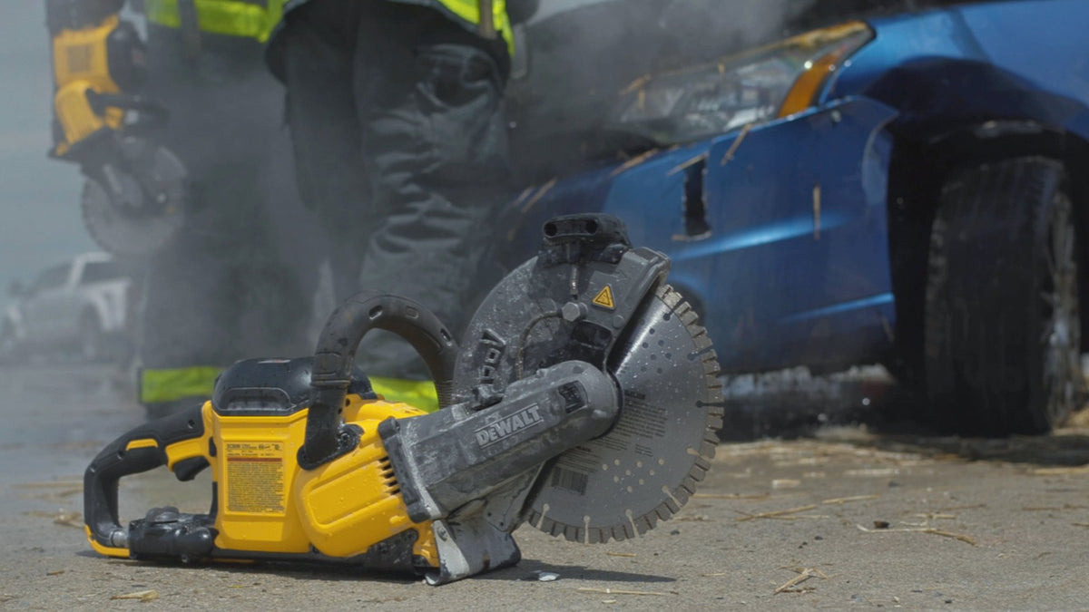 DEWALT DCS692B 60V 9 In. Cordless Cut Off Saw Bare - in use