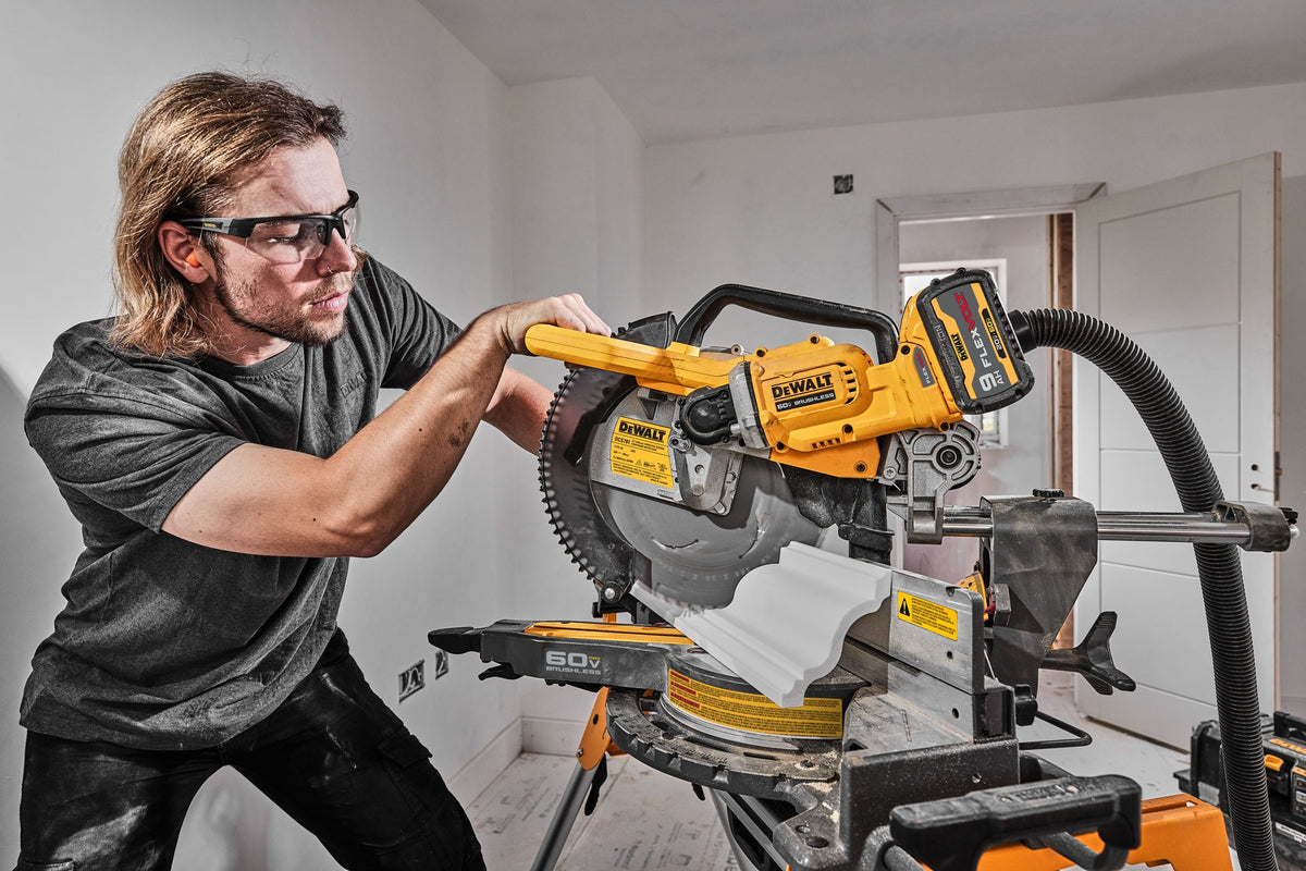 DEWALT DCS781B FLEXVOLT 60V MAX 12 Inch Sliding Miter Saw (Tool-Only) - in use