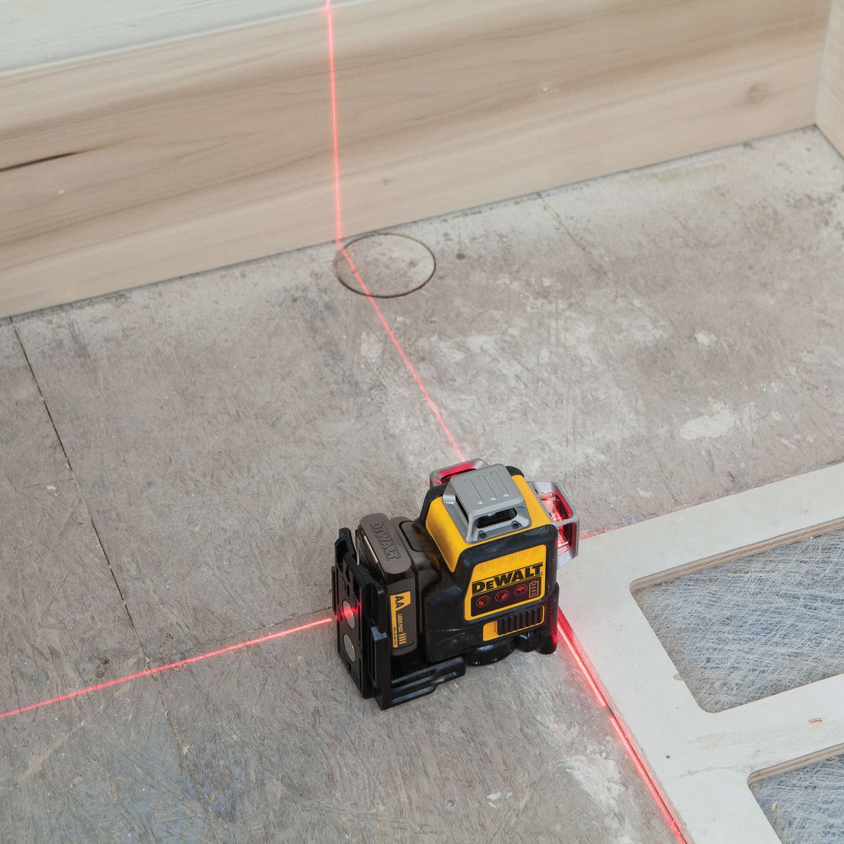 DEWALT DW089LR 12V Max Line Laser, 3 X 360 Degree, Red - in use