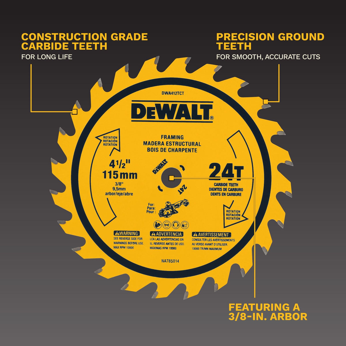 DEWALT DWA412TCT 4-1/2In 24T Tct Saw Blade - feature callout