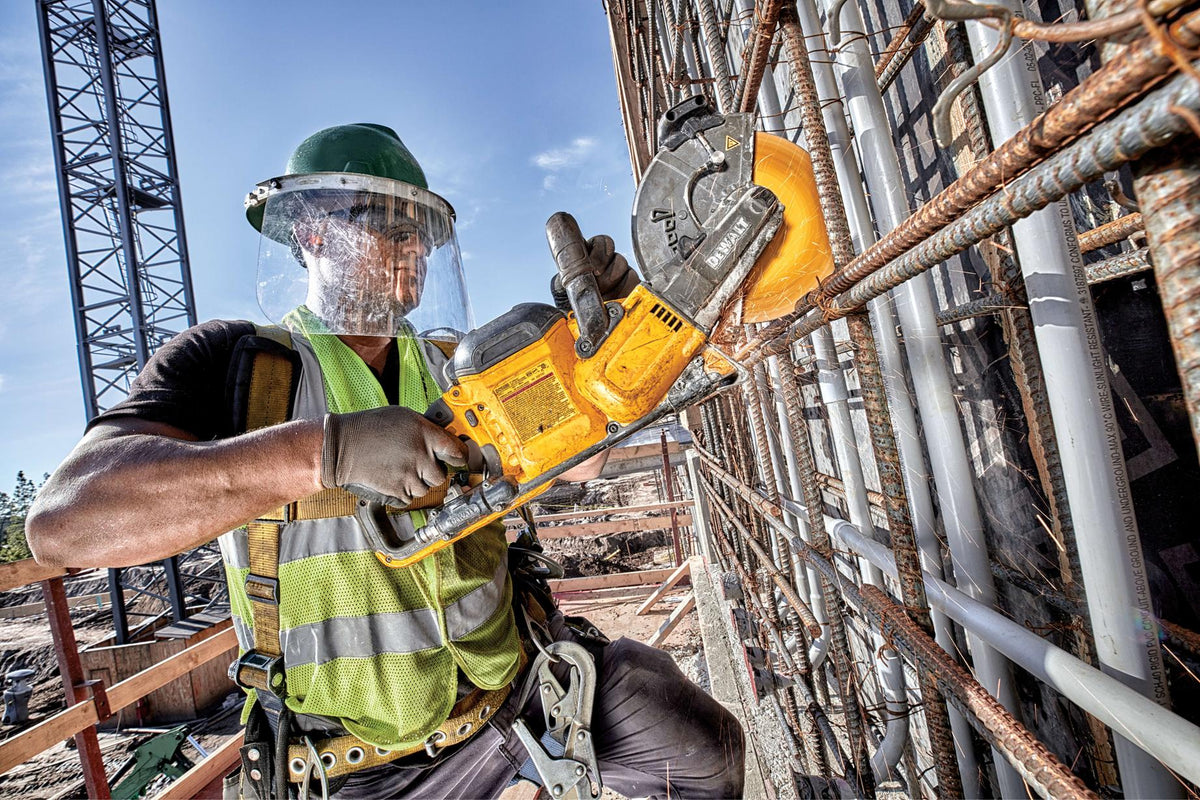 DEWALT DWAFV8918 FLEXVOLT 9 In x .045 in Ceramic Abrasive Chop / Cut-Off Blade with 7/8 in Arbor For Stainl - in use