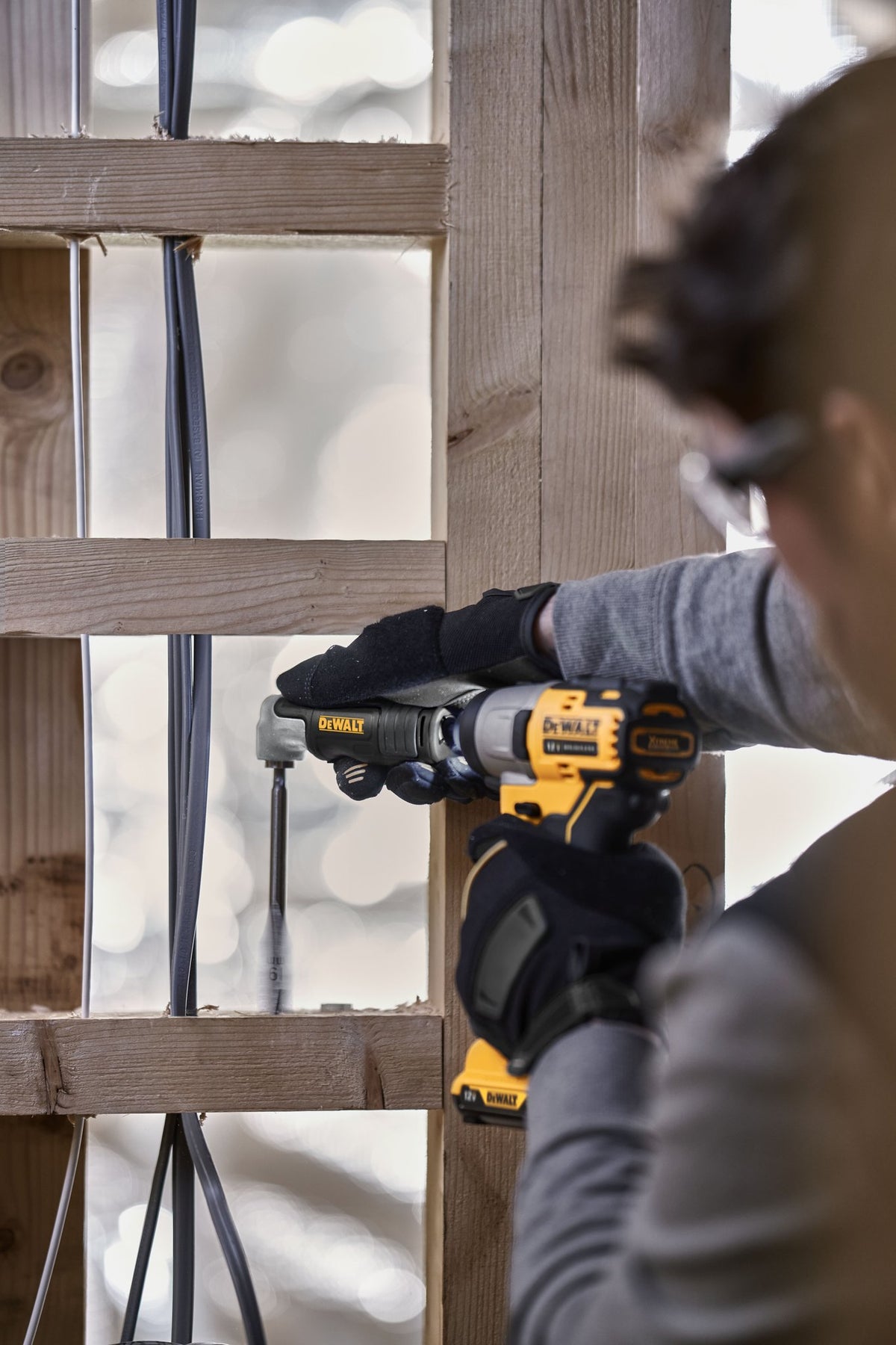 DEWALT DWAMRAFT Right Angle Drill Adaptor, 2-In-1 Attachment - in use