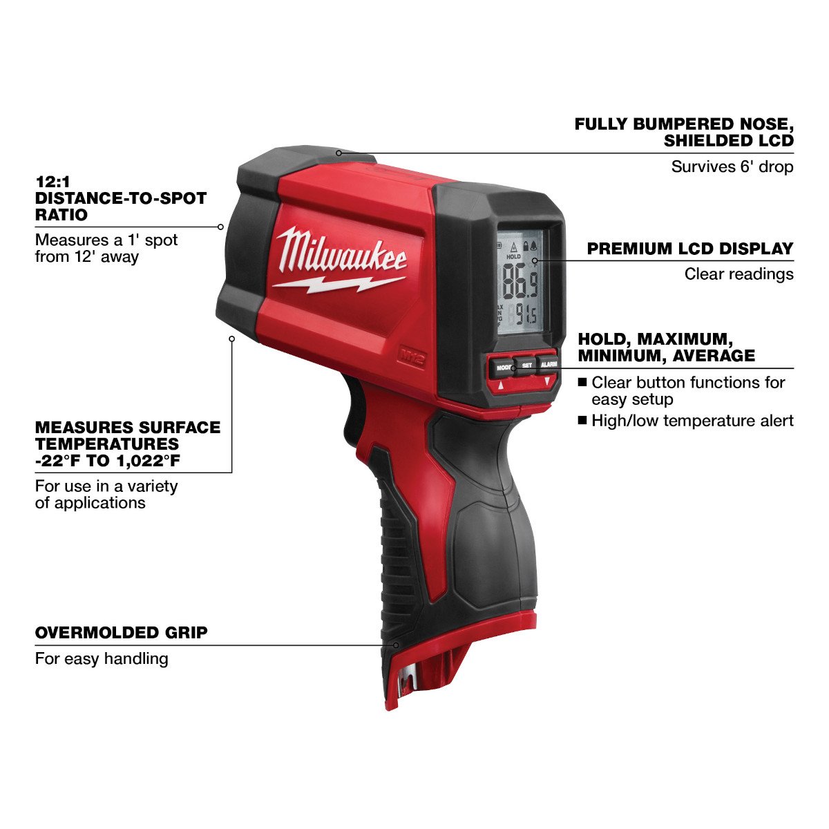 Milwaukee 2278-20 M12™ 12:1 Infrared Temp-Gun™ - feature callout