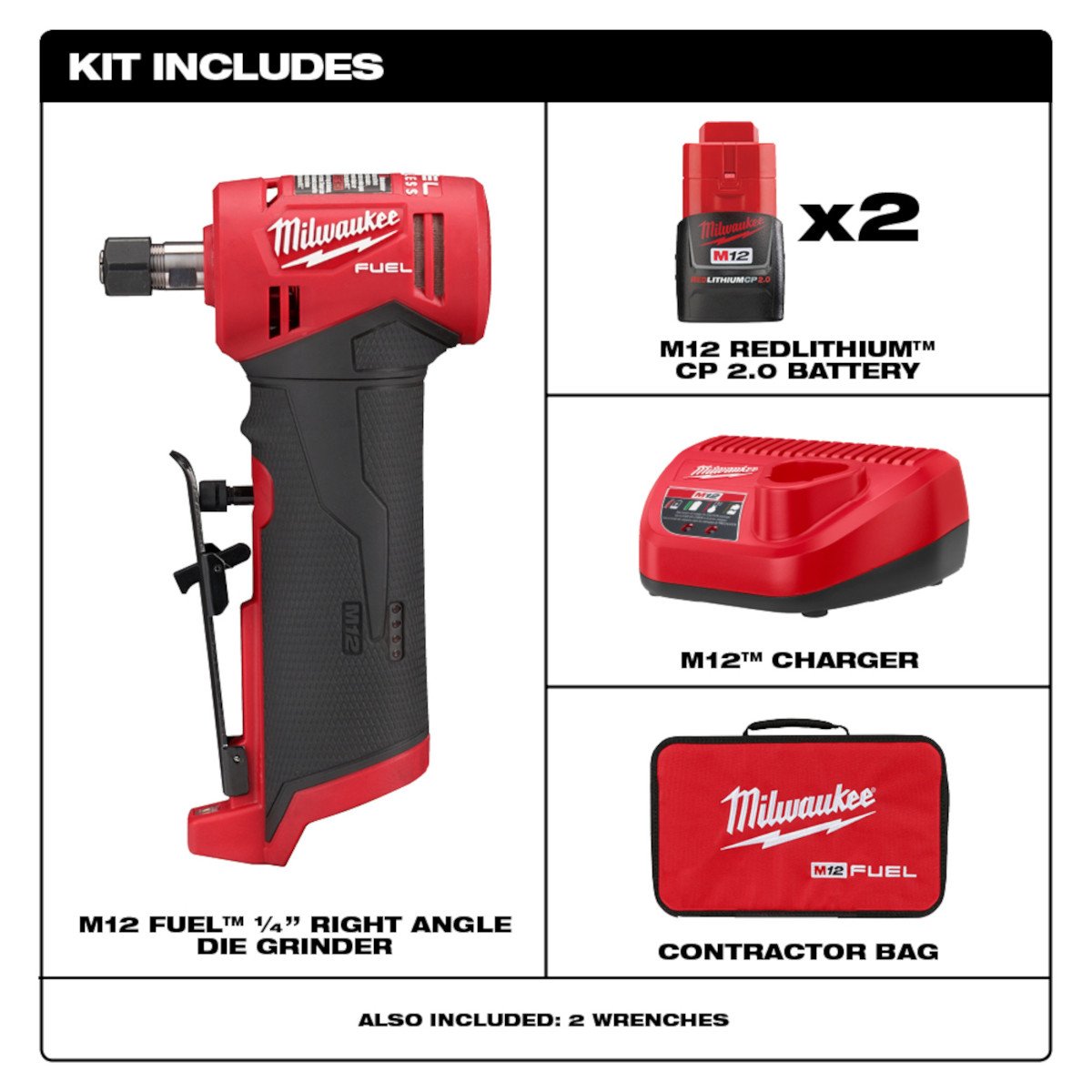 Milwaukee 2485-22 M12 FUEL™ 1/4" Right Angle Die Grinder Kit - feature callout