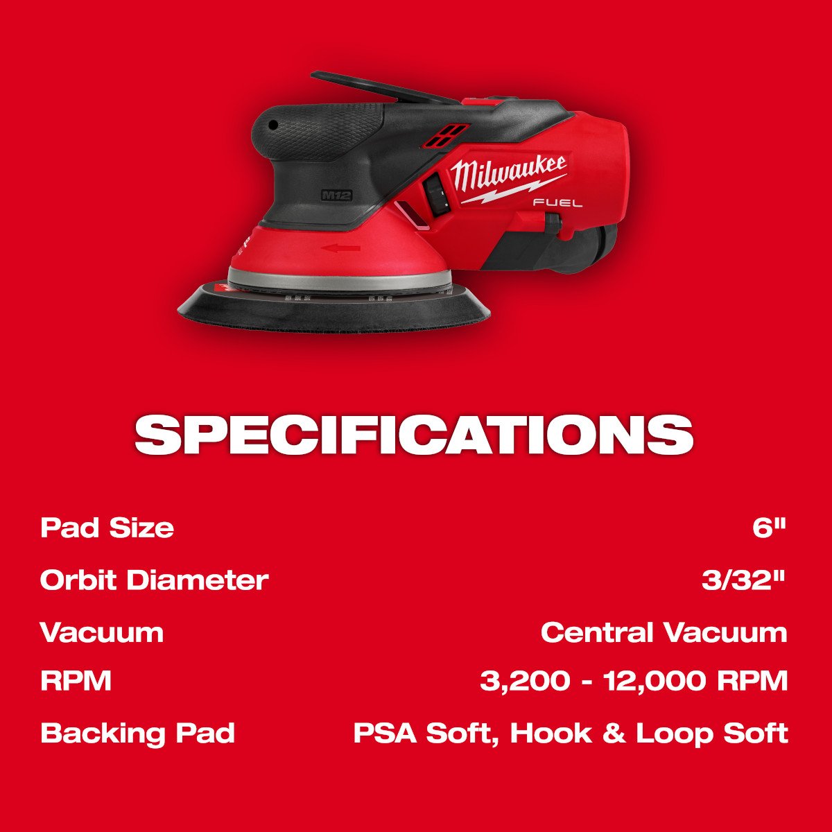 Milwaukee 2584-20 M12 FUEL™ 6" Random Orbital Sander (3/32") - feature callout