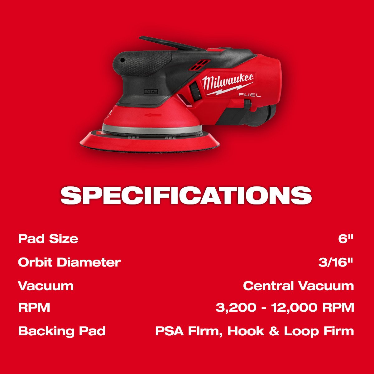 Milwaukee 2585-20 M12 FUEL™ 6" Random Orbital Sander (3/16") - feature callout