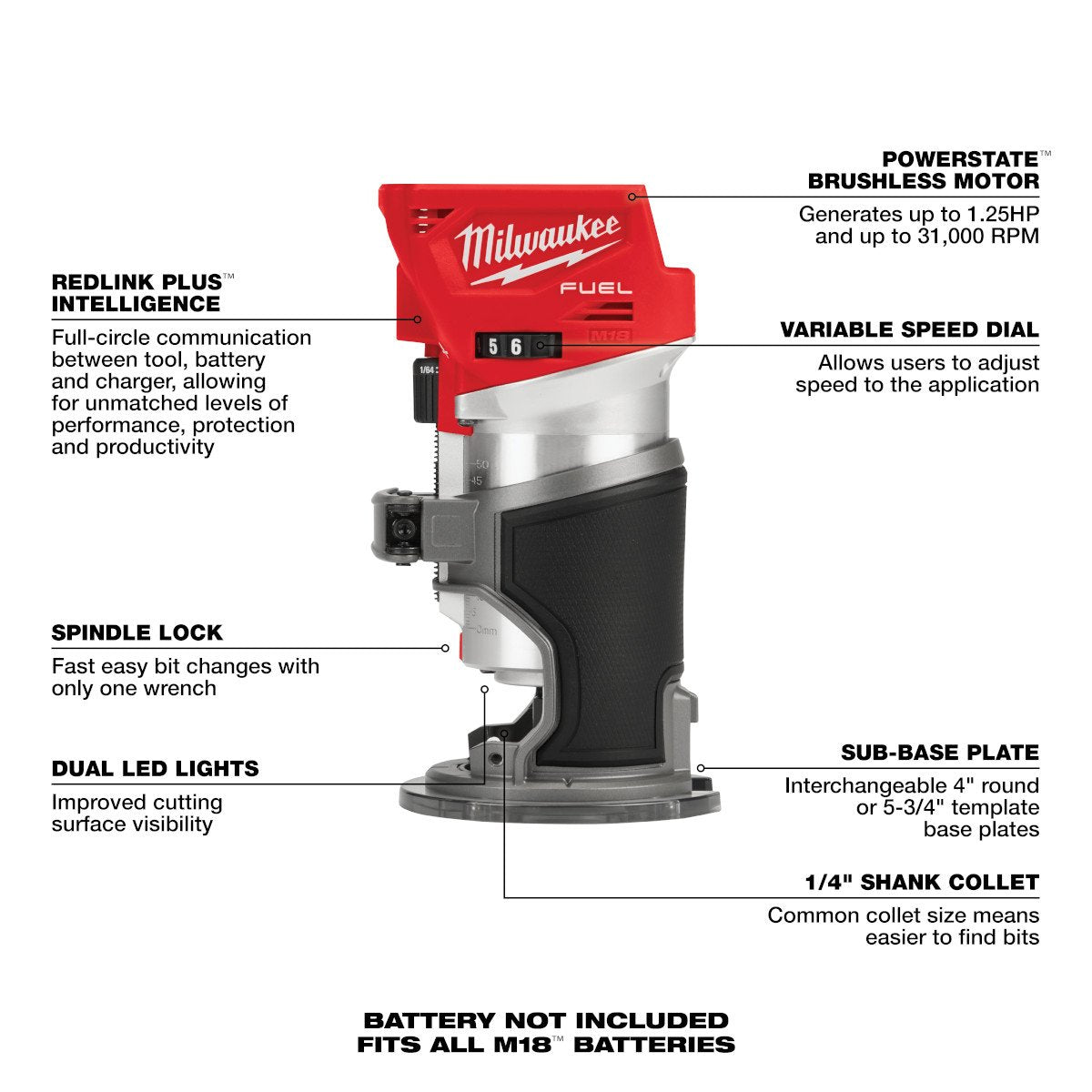 Milwaukee 2723-20 M18 FUEL™ Compact Router - feature callout