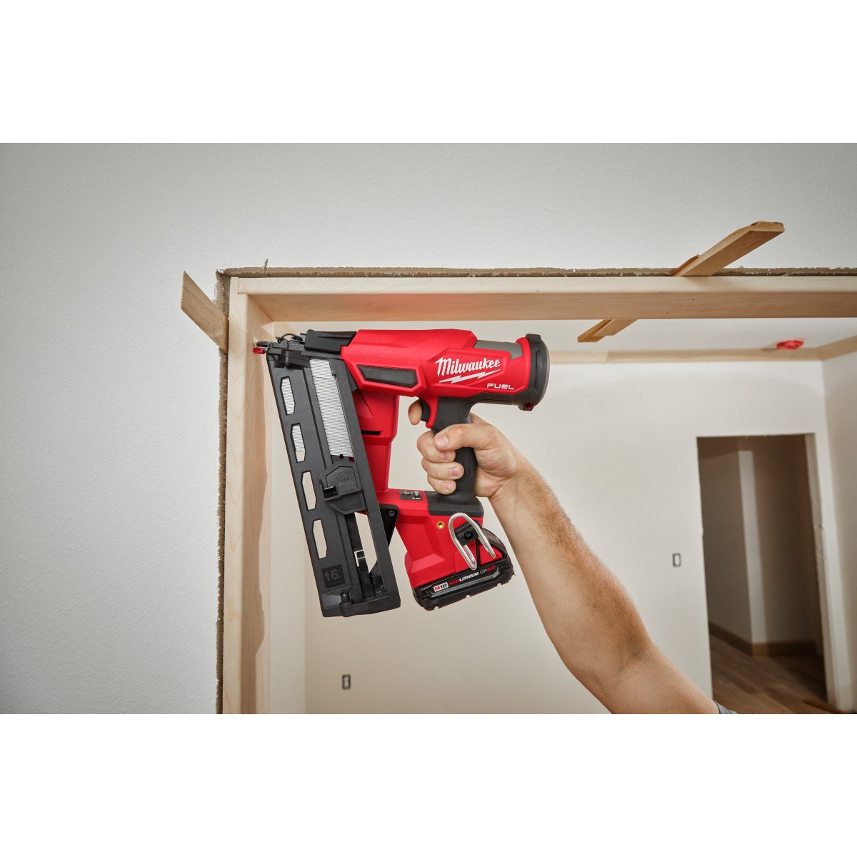 Milwaukee 2841-20 M18 FUEL™ 16 Gauge Angled Finish Nailer - in use
