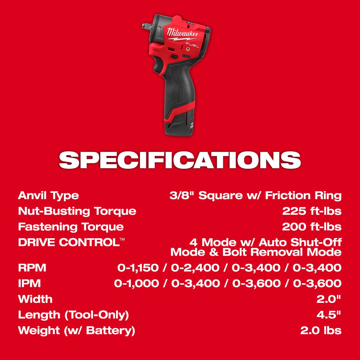 Milwaukee 3049-22 M12 FUEL™ 3/8" Subcompact Impact Wrench w/ Friction Ring Kit - feature callout