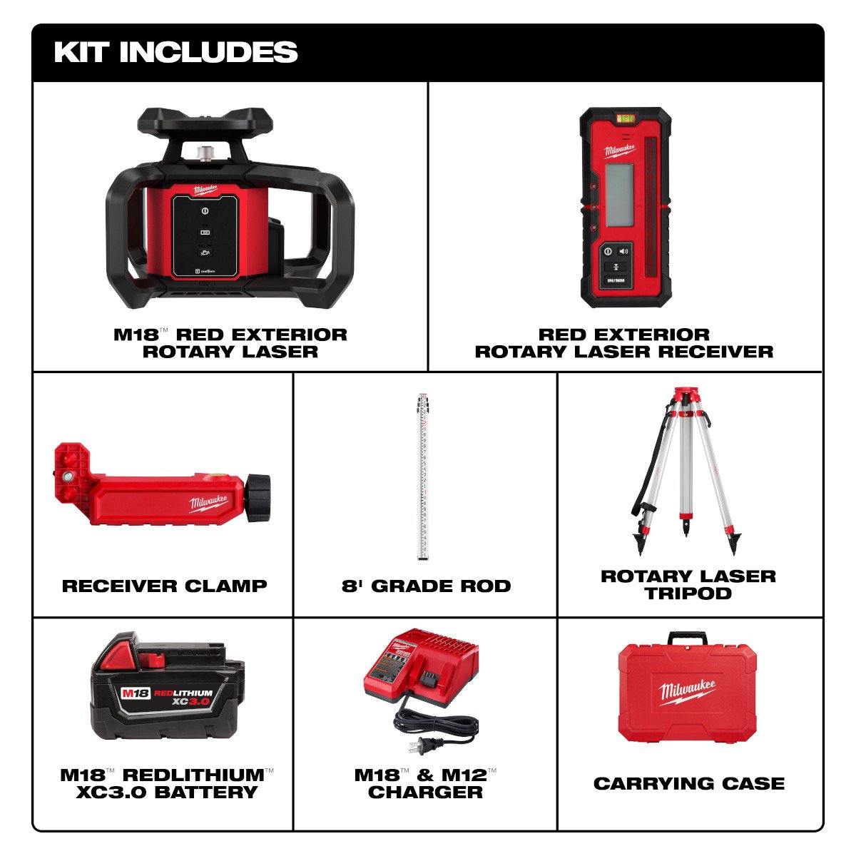 Milwaukee 3701-21T M18™ Red Exterior Rotary Laser Level Kit w/ Receiver, Tripod, & Grade Rod - feature callout