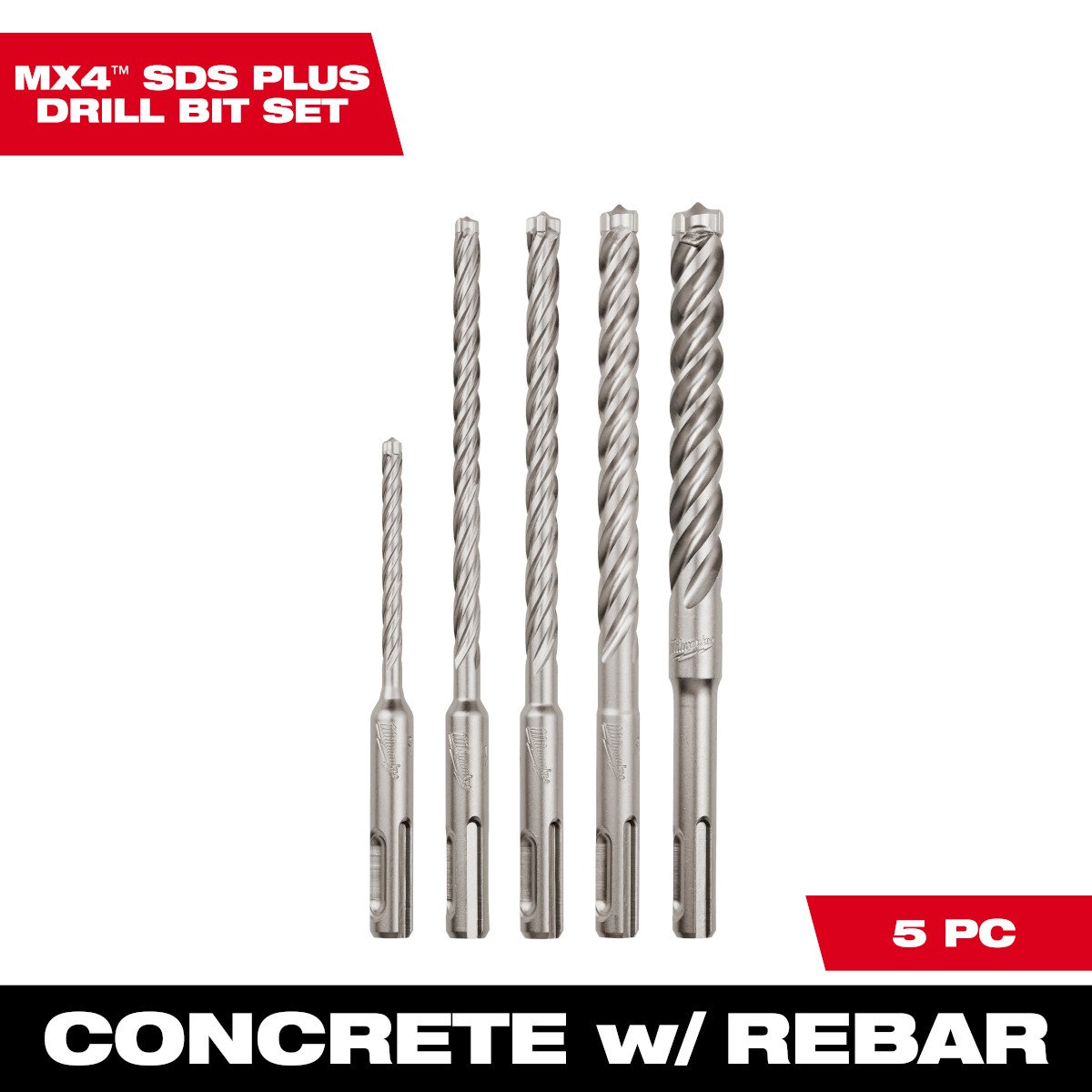 Milwaukee 48-20-7498 5-Piece MX4™ 4-Cutter SDS-Plus Rotary Hammer-Drill Bit Kit - feature callout
