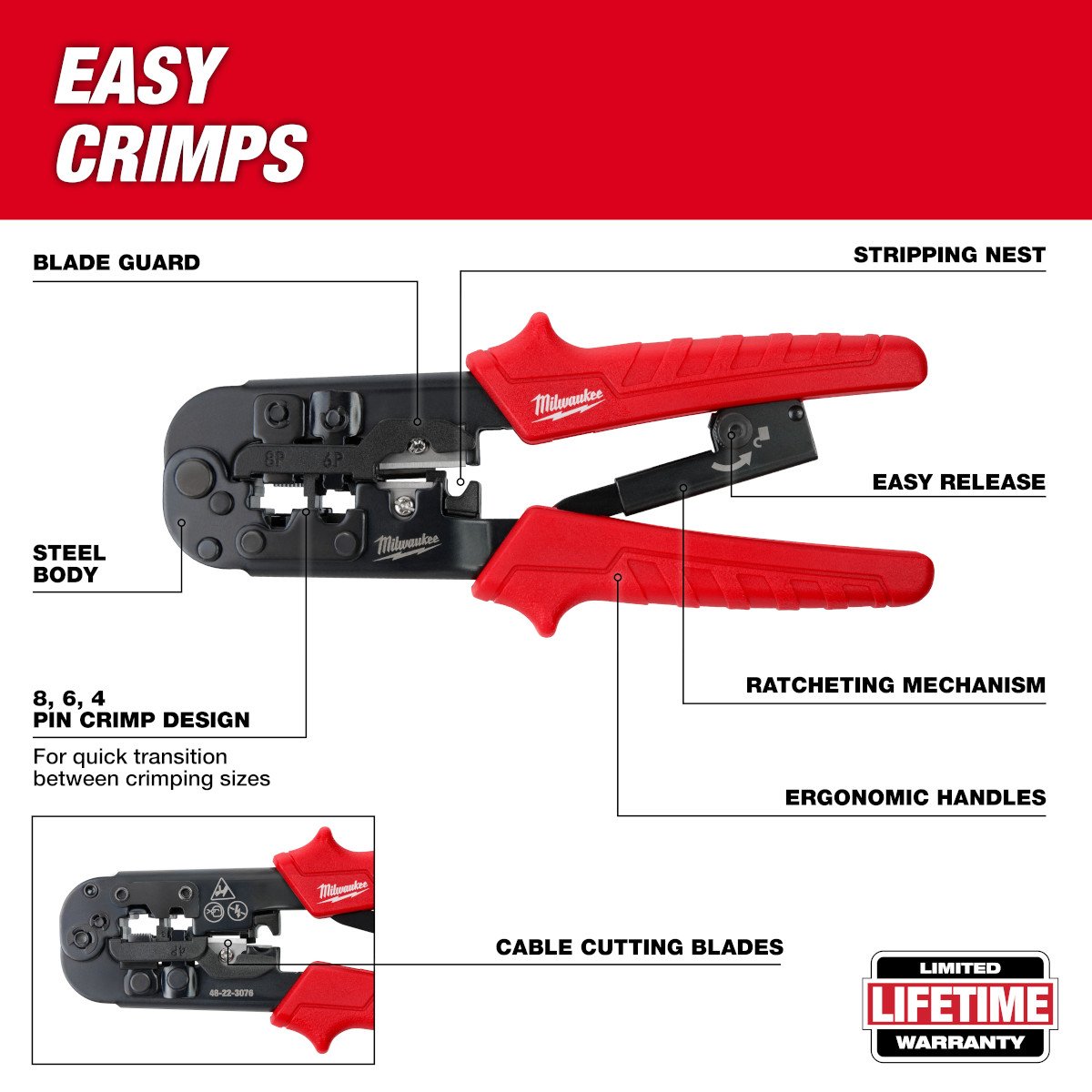 Milwaukee 48-22-3076 Ratcheting Modular Crimper & Stripper - feature callout