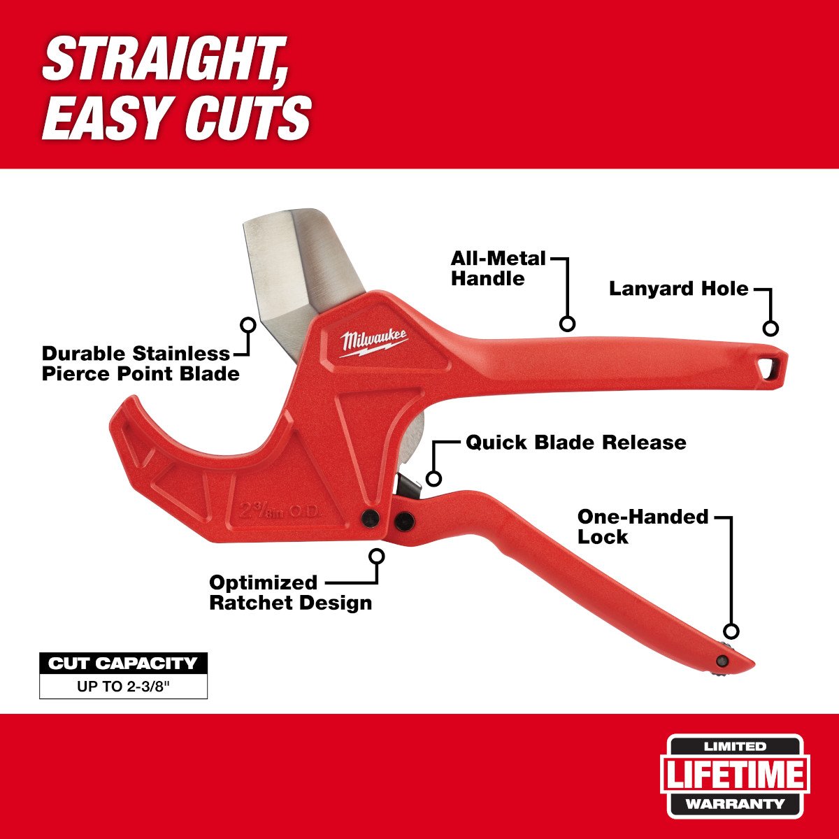 Milwaukee 48-22-4215 2-3/8" Ratcheting Pipe Cutter - feature callout