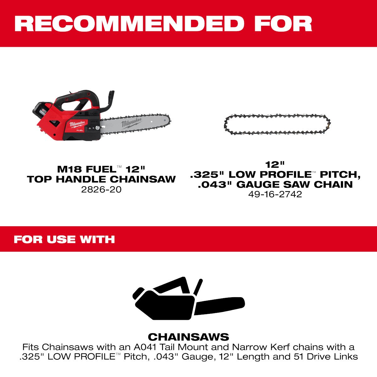Milwaukee 49-16-2743 12" Top Handle Chainsaw Guide Bar - feature callout
