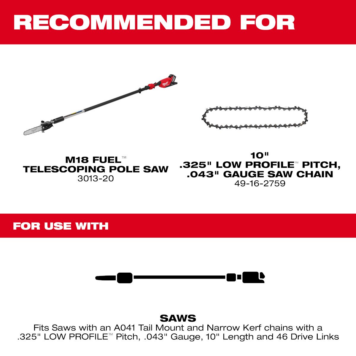 Milwaukee 49-16-2760 10" Telescoping Pole Saw Guide Bar - feature callout