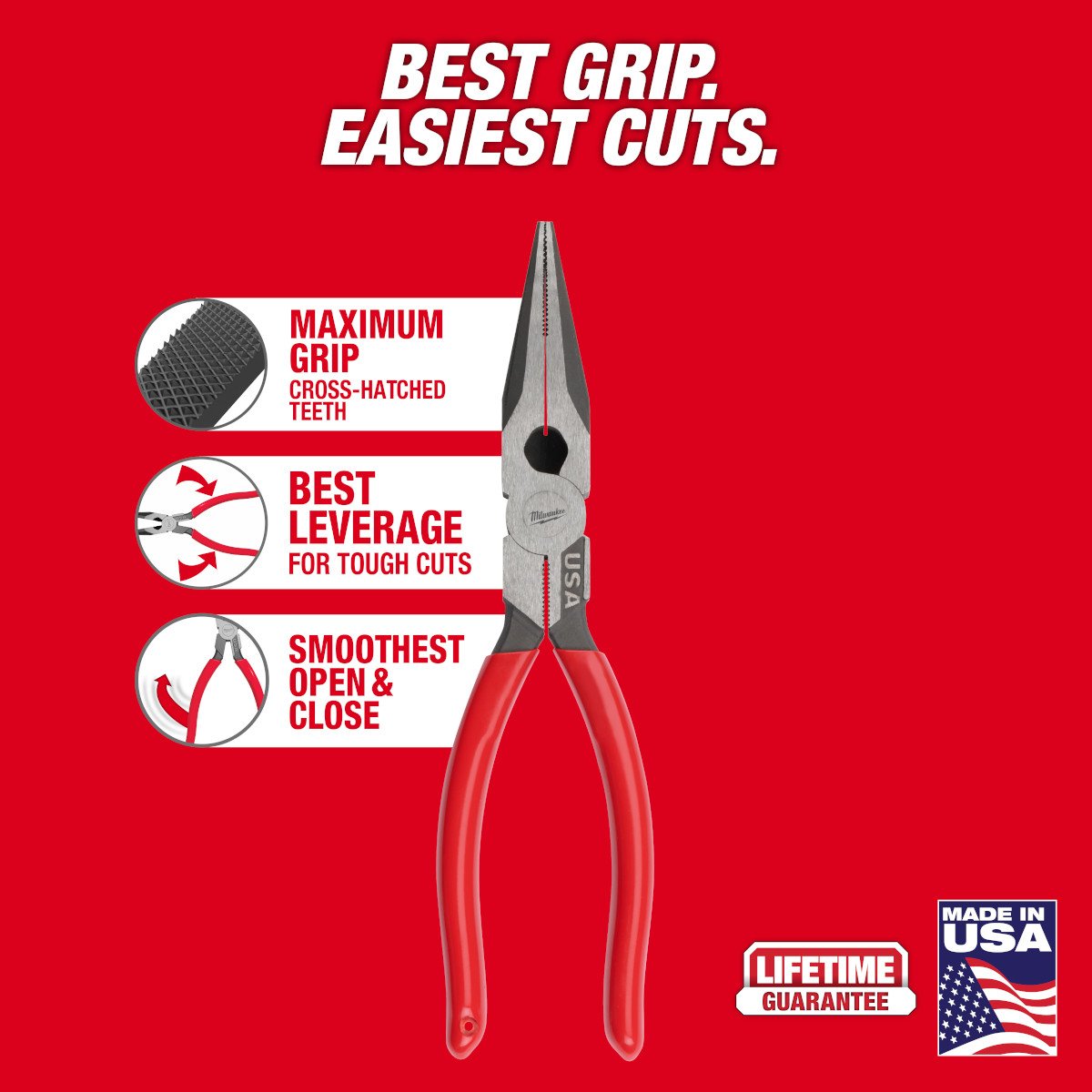 Milwaukee MT505 8" Long Nose Dipped Grip Pliers (USA) - feature callout