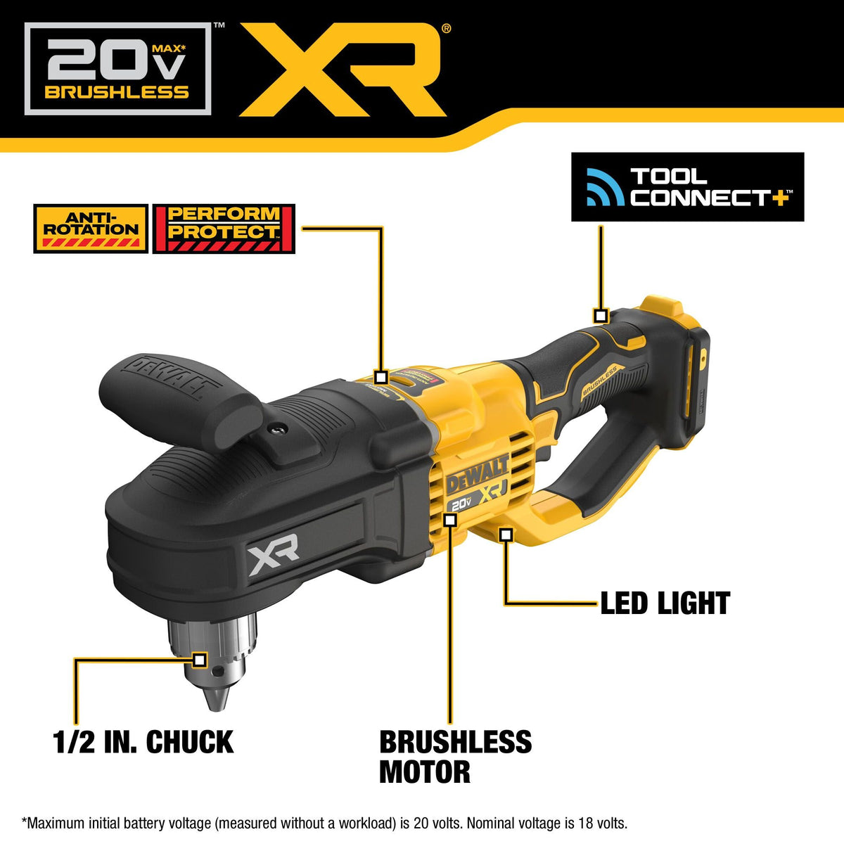 DEWALT DCD446B 20V MAX* XR® BRUSHLESS CORDLESS 1/2 IN. COMPACT STUD & JOIST DRILL (TOOL ONLY) - feature callout