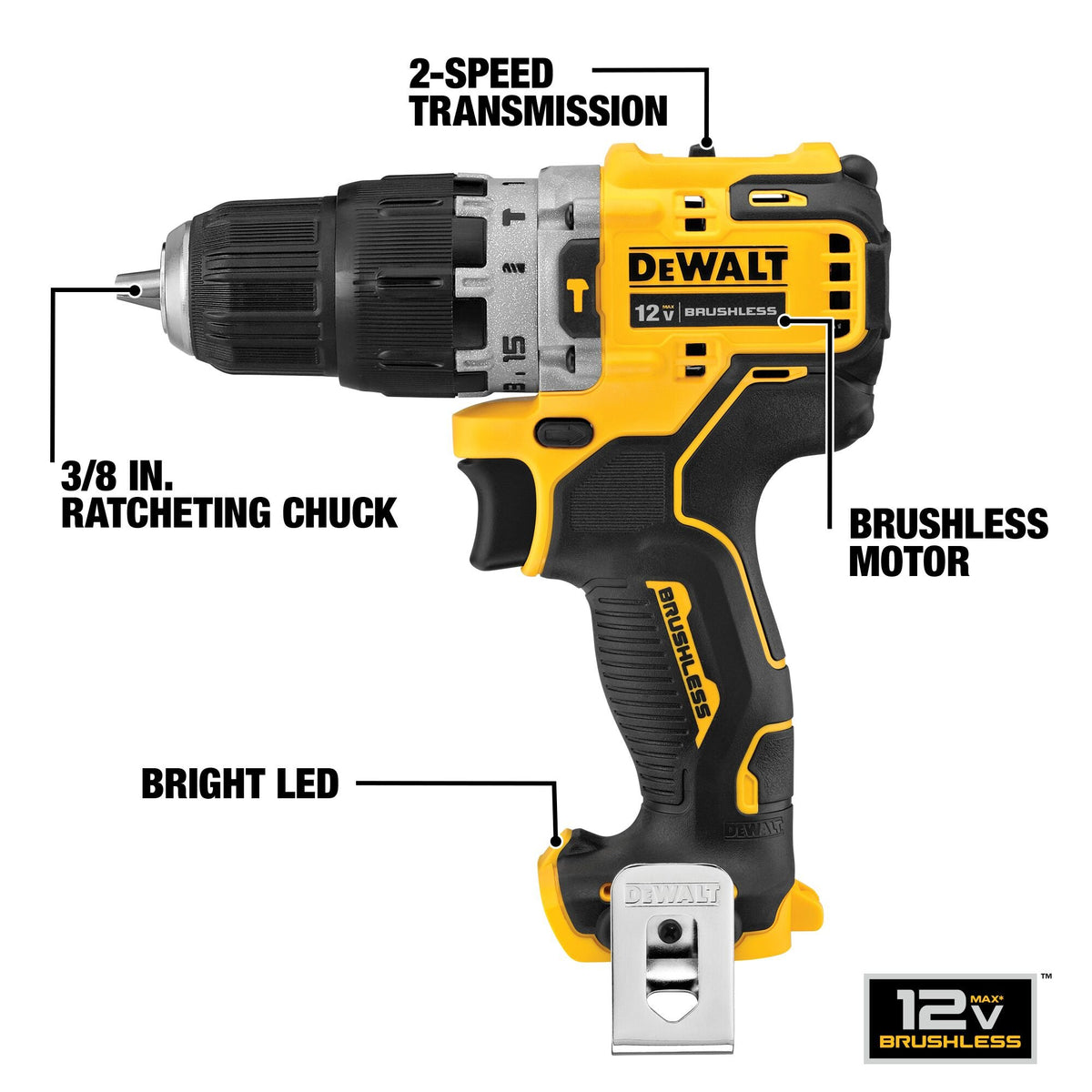 DEWALT DCD706B XTREME 12V MAX* Brushless 3/8 in. Cordless Hammer Drill (Tool Only) - feature callout