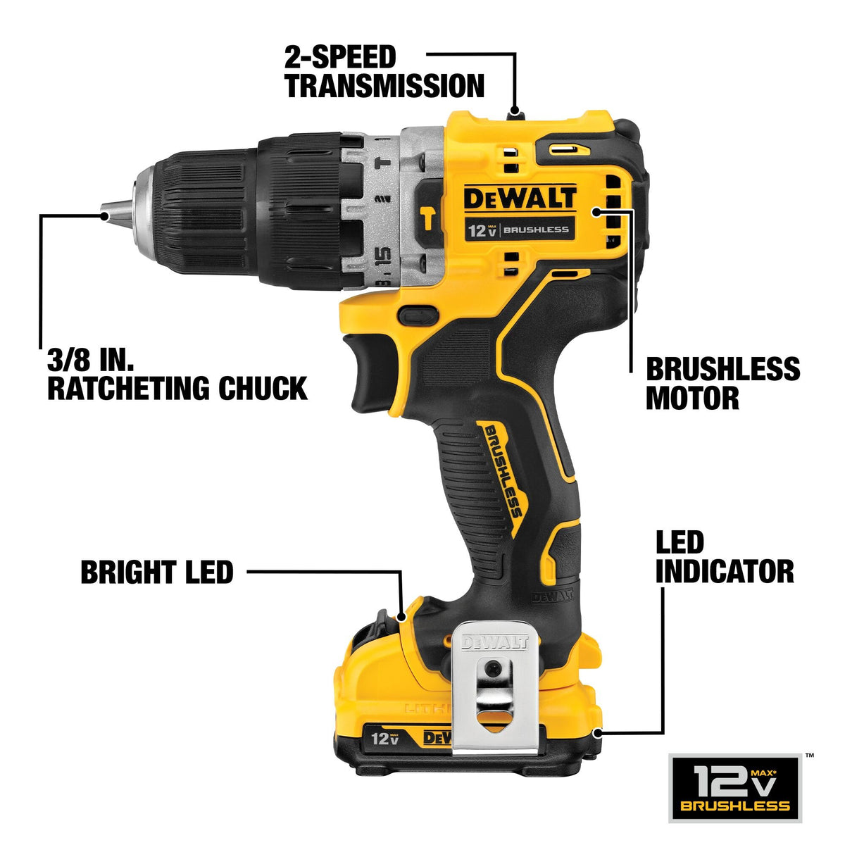 DEWALT DCD706F2 Kit Taladro Precutor 3/8ˮ Xtreme 12V S - feature callout