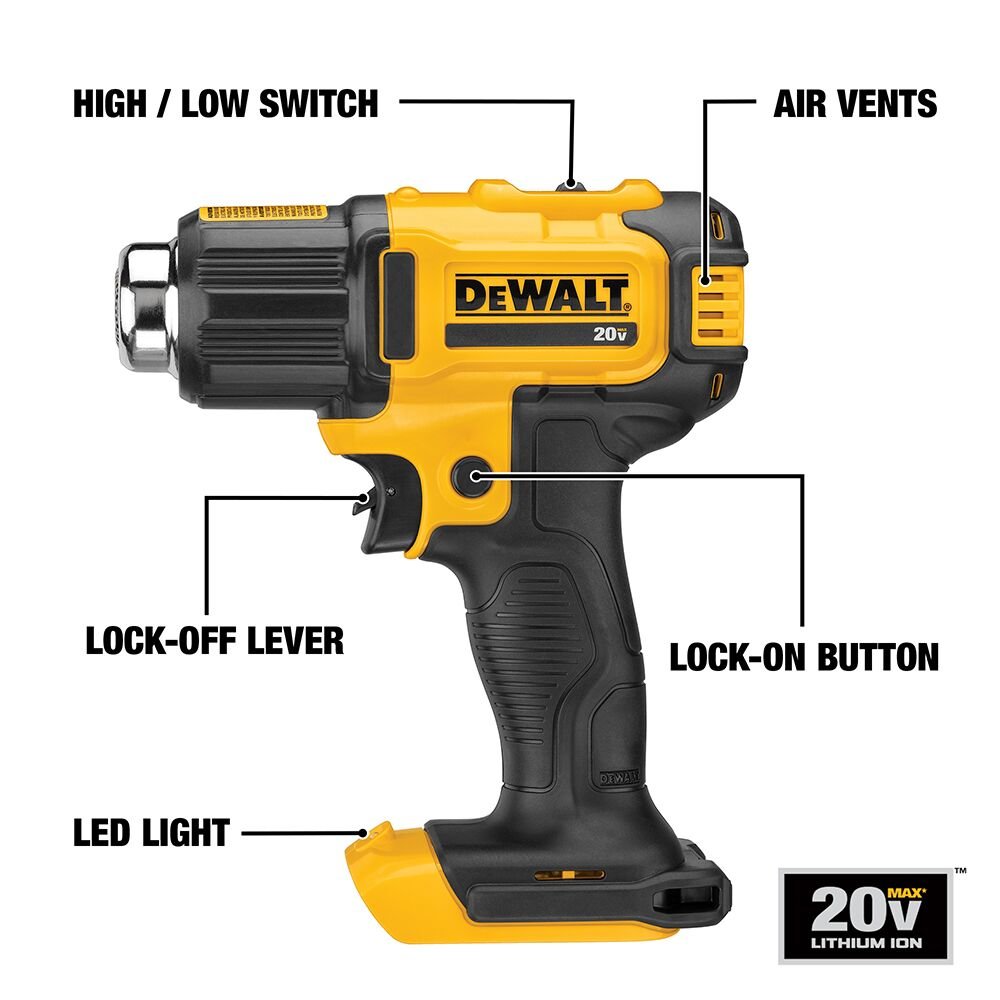DEWALT DCE530B 20V MAX CORDLESS HEAT GUN (TOOL ONLY) - feature callout