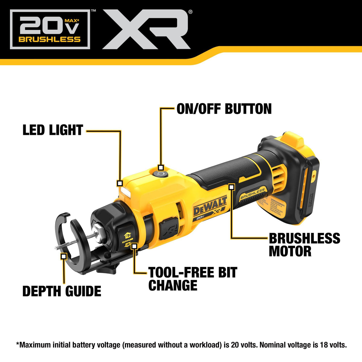 DEWALT DCE555B 20V MAX* XR® Brushless Drywall Cut-Out Tool (Tool Only) - feature callout
