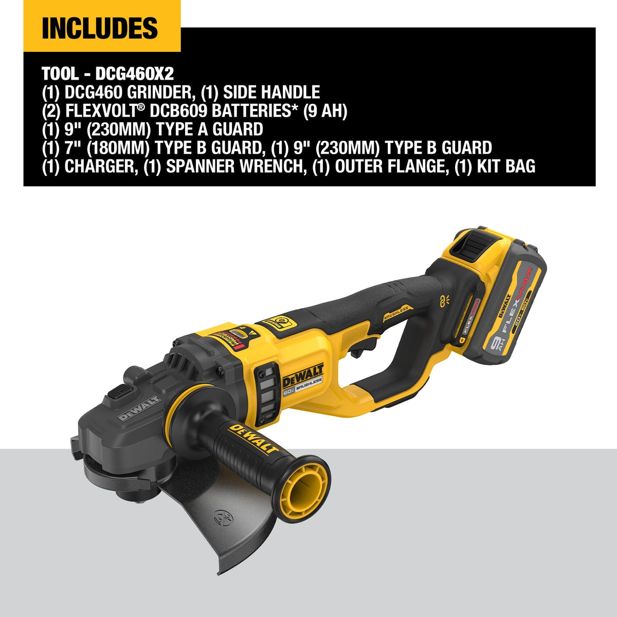 DEWALT DCG460X2 60V MAX* 7 "-9" Large Angle Grinder Kit - feature callout