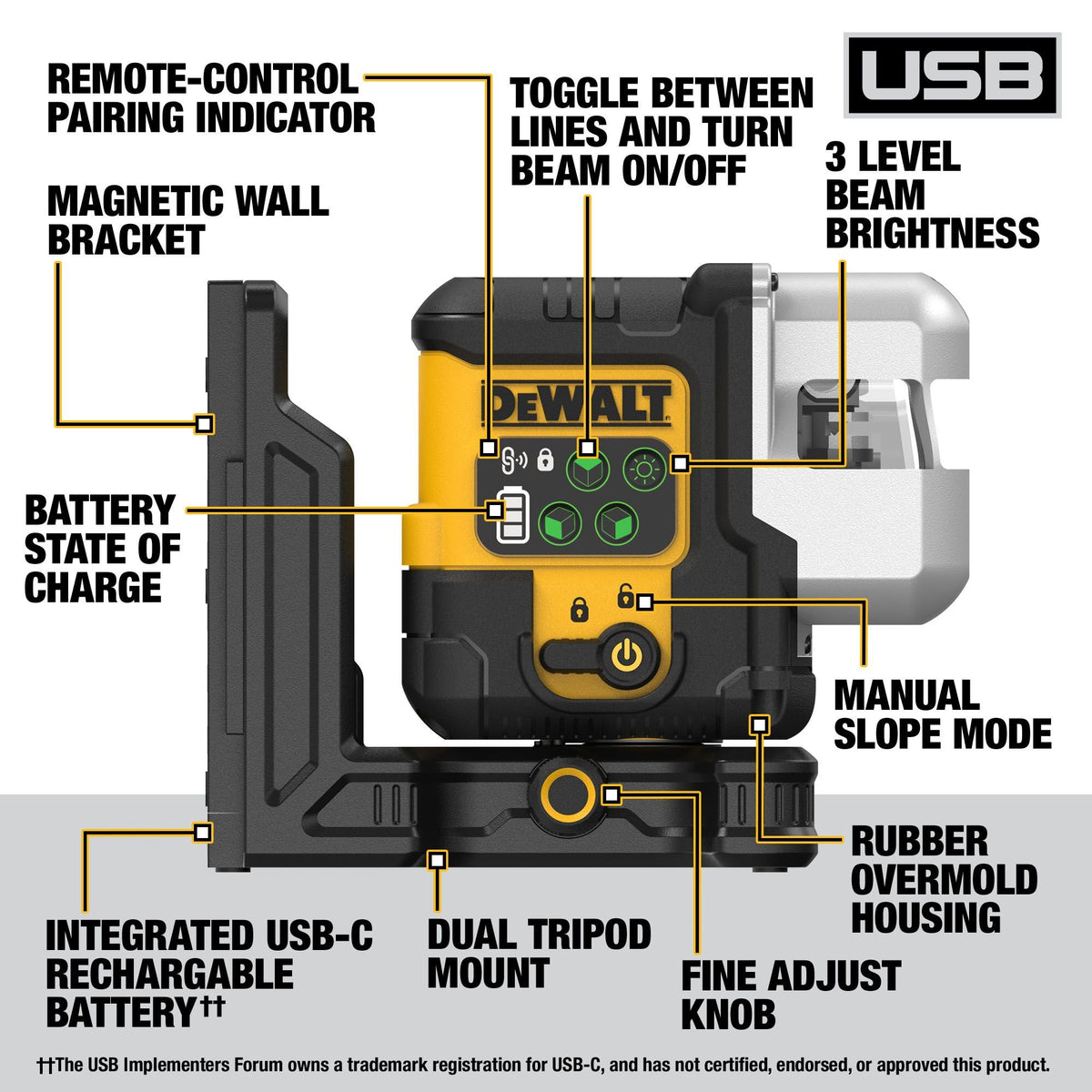 DEWALT DCLE14301GB USB Rechargeable Green 3 X 180 Degree Line Laser Base Kit - feature callout