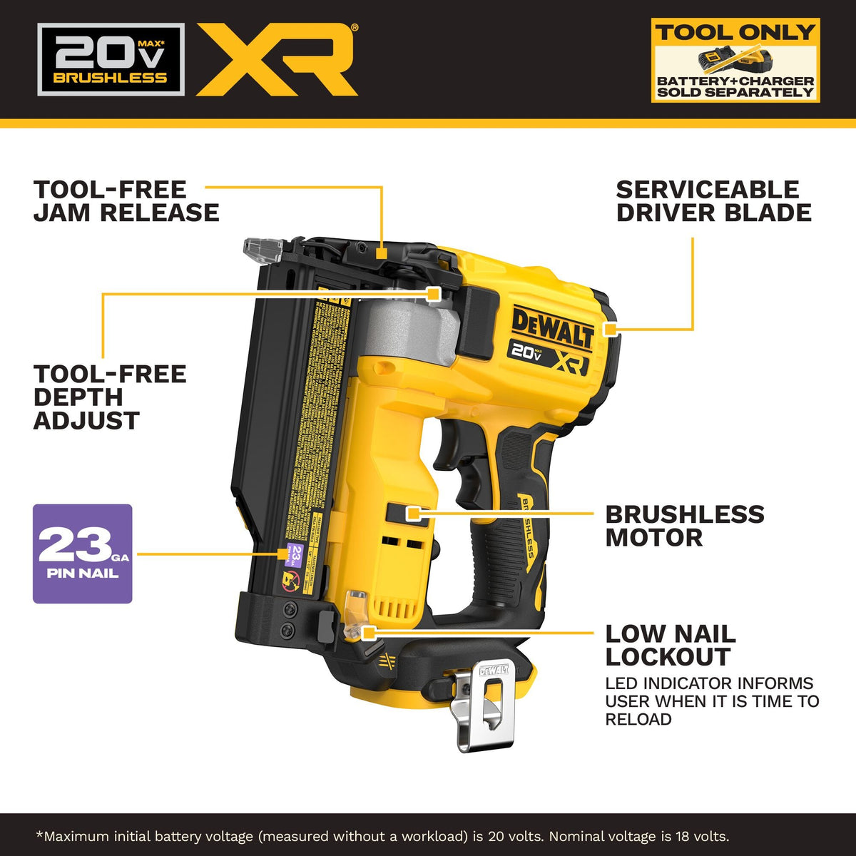 DEWALT DCN623B 20V MAX* XR® 23 Gauge Pin Nailer (Tool Only) - feature callout