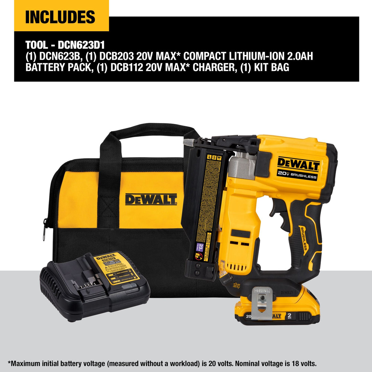 DEWALT DCN623D1 20V MAX XR, 23 GAUGE PIN NAILER - (2.0AH) W/ 1 BATTERY AND BAG - feature callout