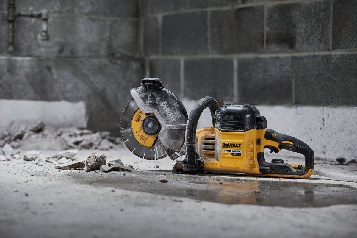 DEWALT DCS692X2 60V MAX* Brushless Cordless 9 in. Cut-Off Saw - in use