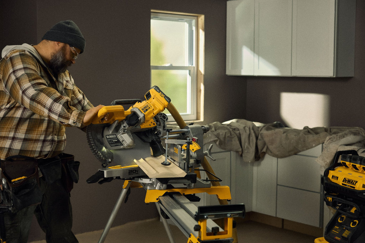 DEWALT DCS785B 20V MAX XR® 12 in. Double Bevel Sliding Miter Saw (Tool Only) - in use
