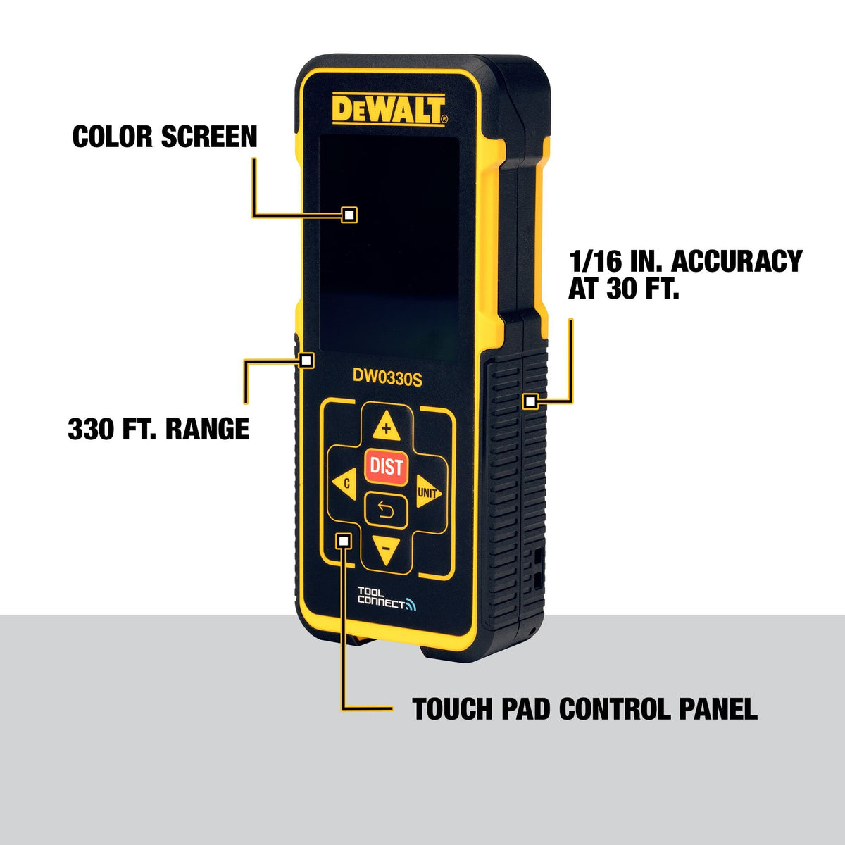 DEWALT DW0330SN TOOL CONNECT™ 330 FT. LASER DISTANCE MEASURER - feature callout