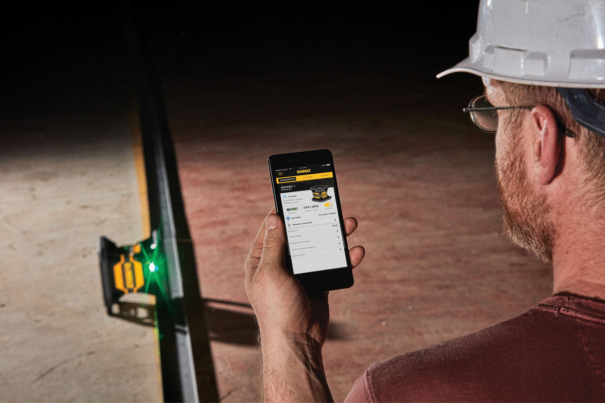 DEWALT DW080LGS 20V Max Laser Level, Green, Bluetooth - in use