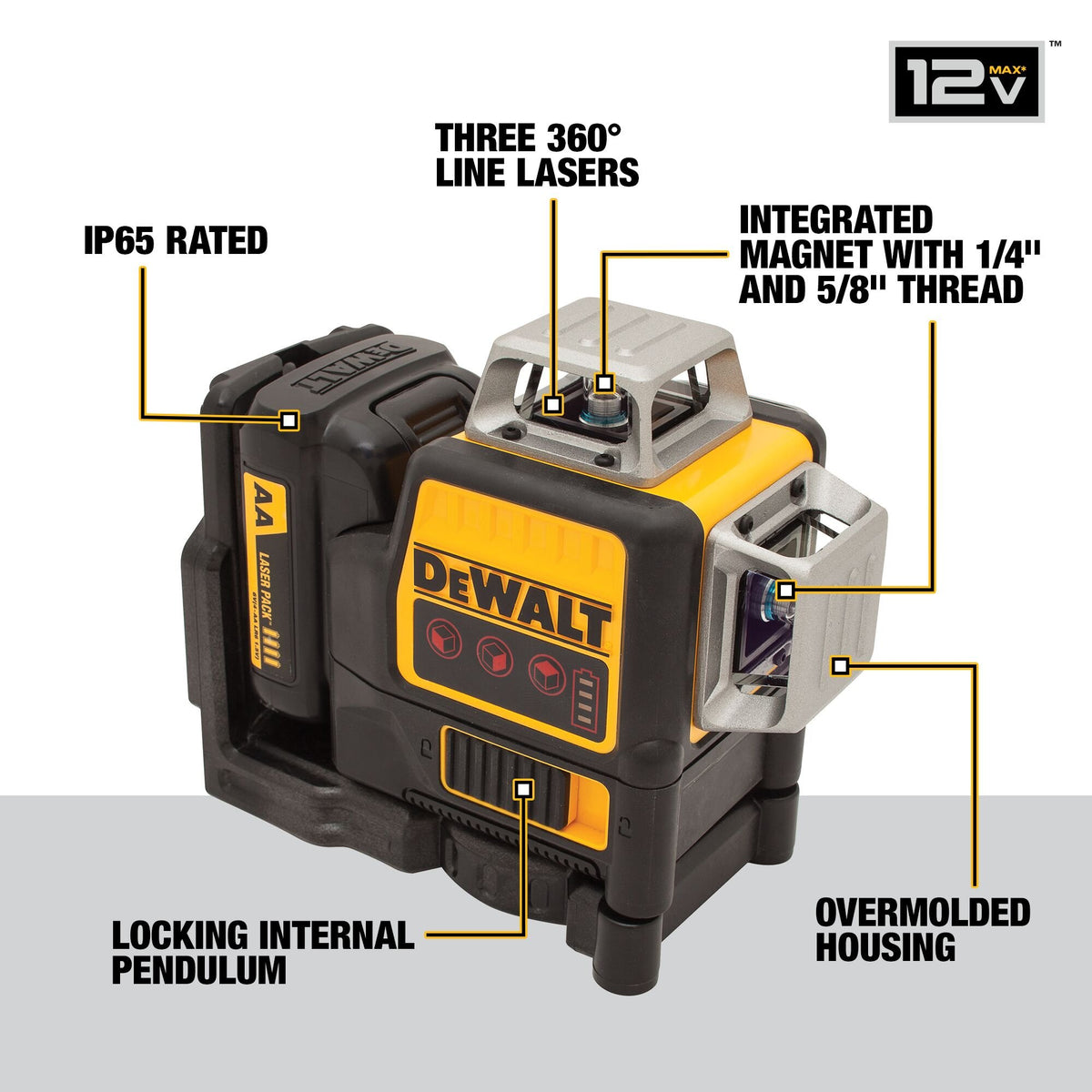 DEWALT DW089LR 12V Max Line Laser, 3 X 360 Degree, Red - feature callout