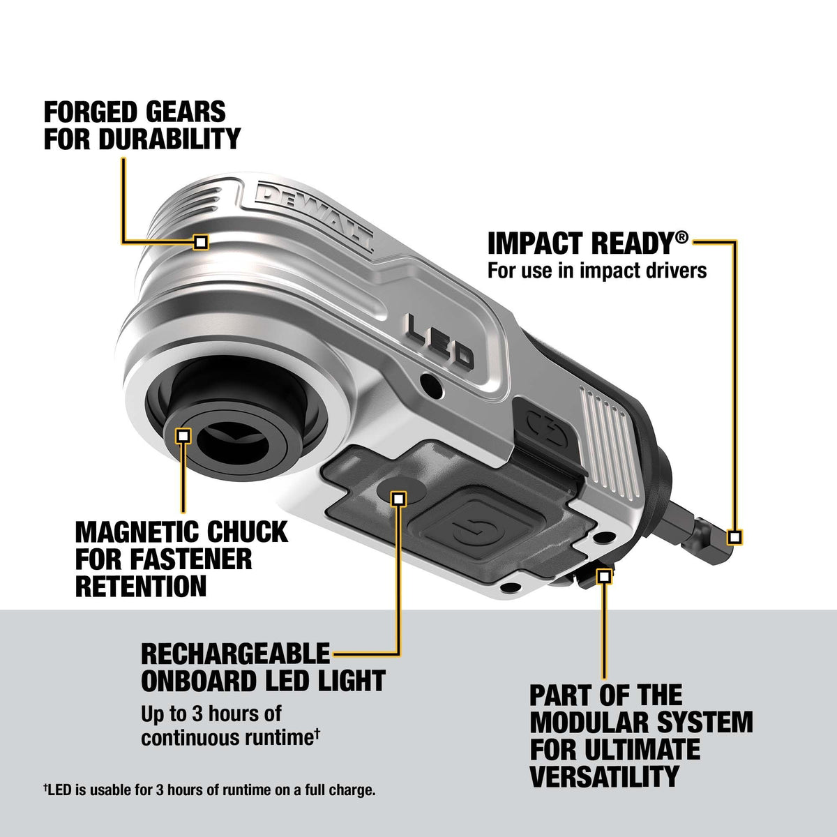 DEWALT DWALRAFT FLEXTORQ Lighted Modular Right Angle Attachment - feature callout