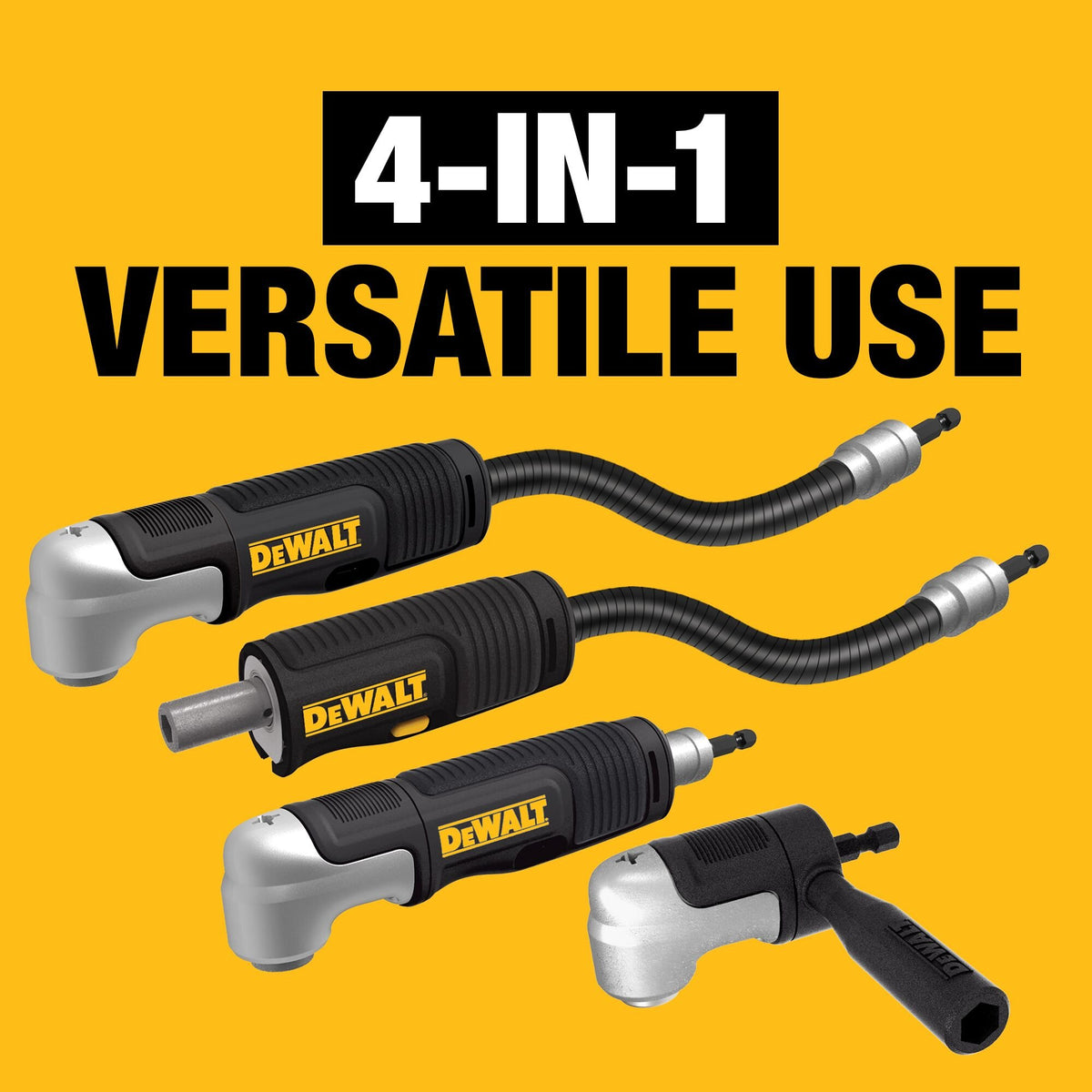 DEWALT DWAMRASETFT FLEXTORQ Right Angle Drill Adaptor, FLEXTORQ, 4-In-1 System, Compact, Straight Flexible Sh - feature callout