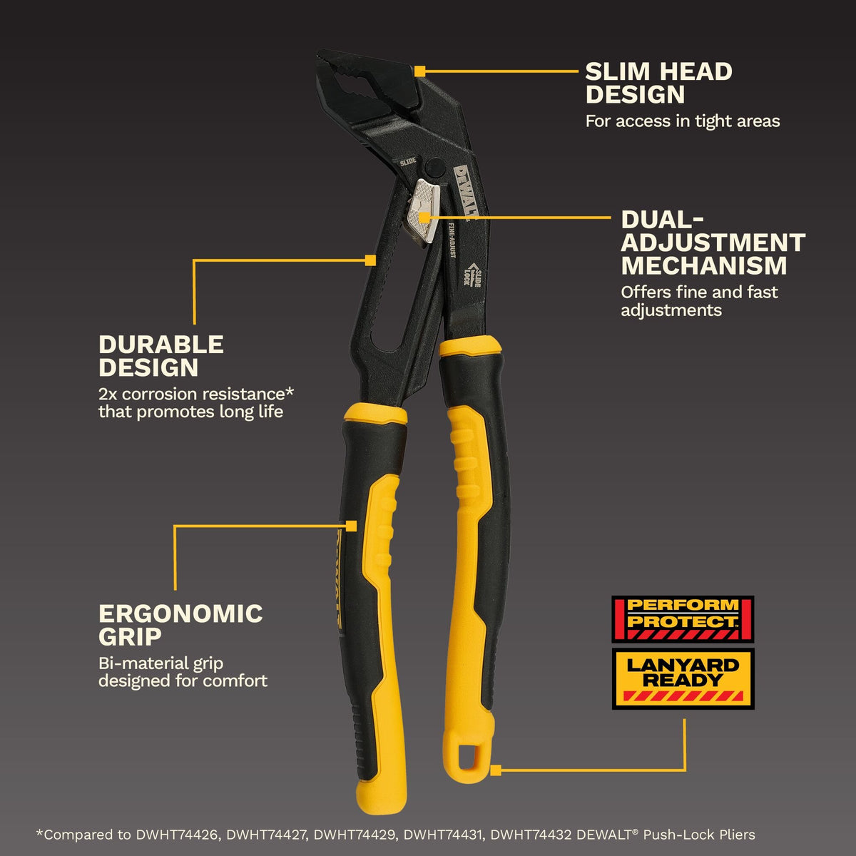 DEWALT DWHT82821 10 in. Slidelock V-Jaw Pliers - feature callout