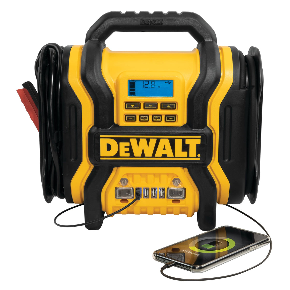 DEWALT DXAEPS14-CA 2000-Peak Amp Portable Jump Starter with Digital Compressor, USB and AC Power Bank - detail close-up