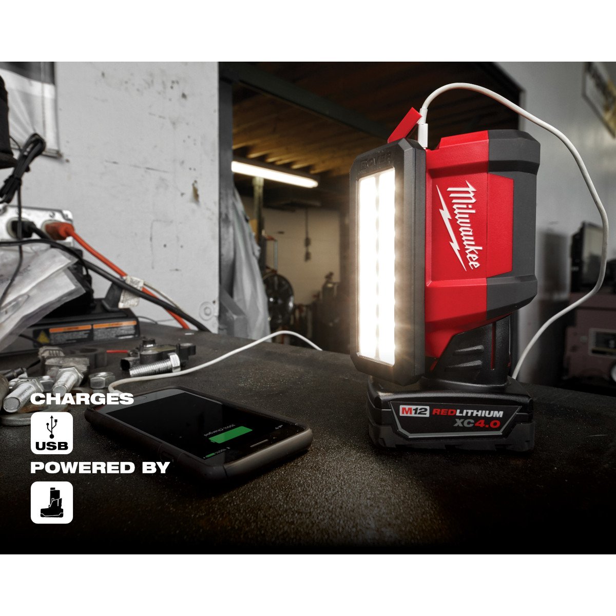 Milwaukee 2367-20 M12™ ROVER™ Service and Repair Flood Light w/ USB Charging - feature callout