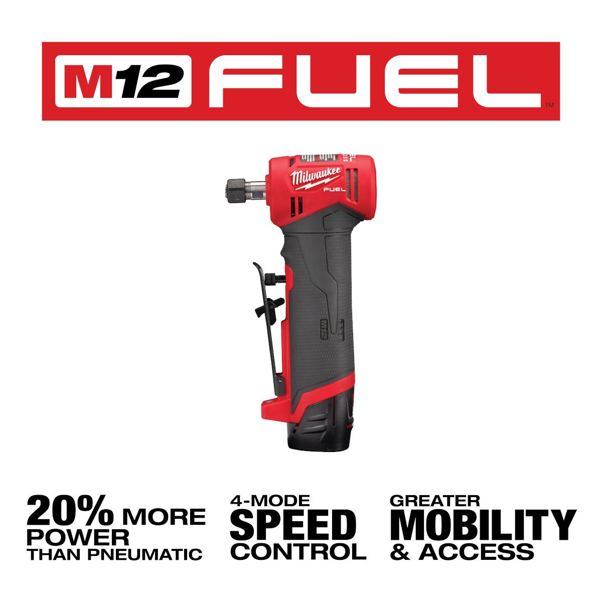 Milwaukee 2485-22 M12 FUEL™ 1/4" Right Angle Die Grinder Kit - feature callout