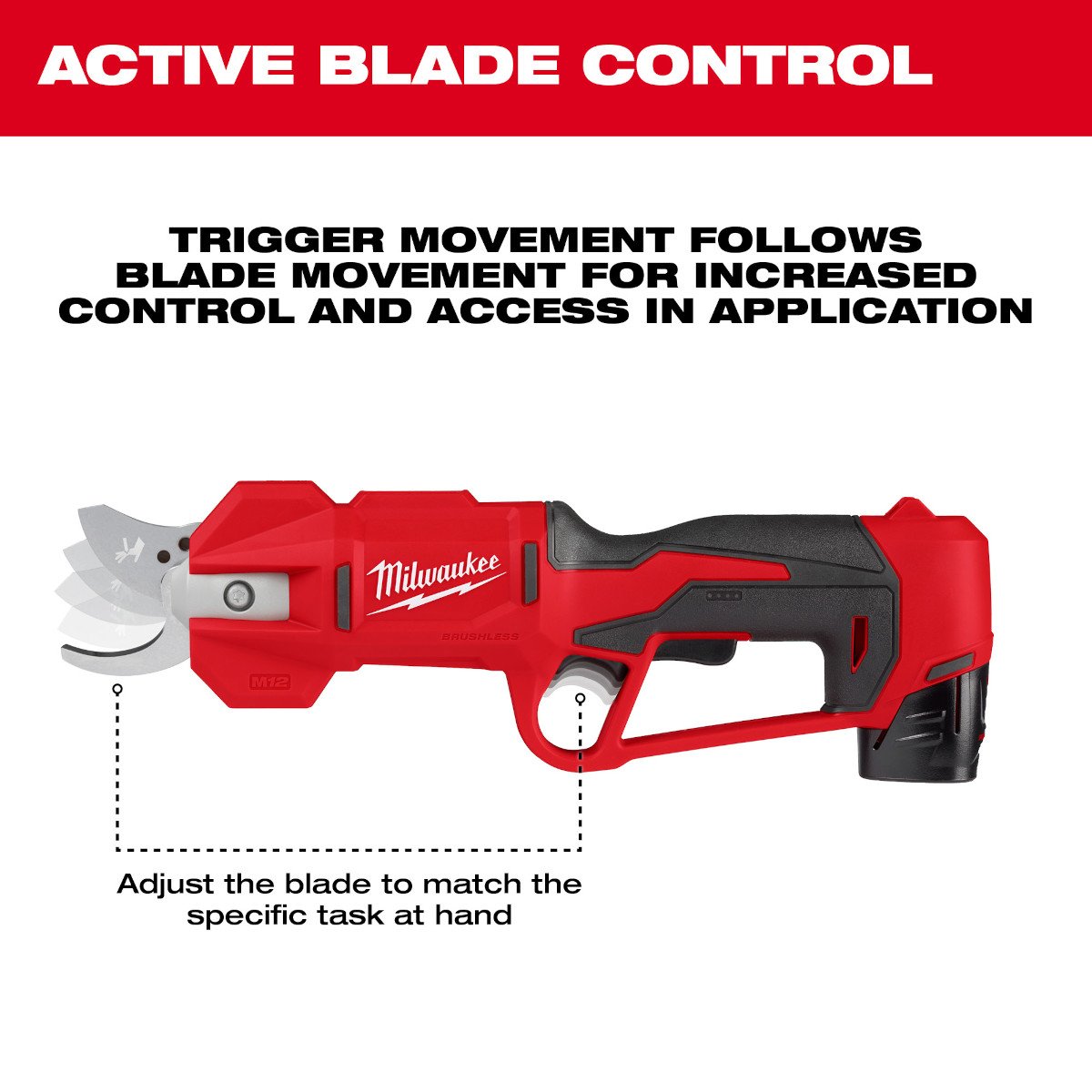 Milwaukee 2534-21 M12™ Brushless Pruning Shears Kit - feature callout