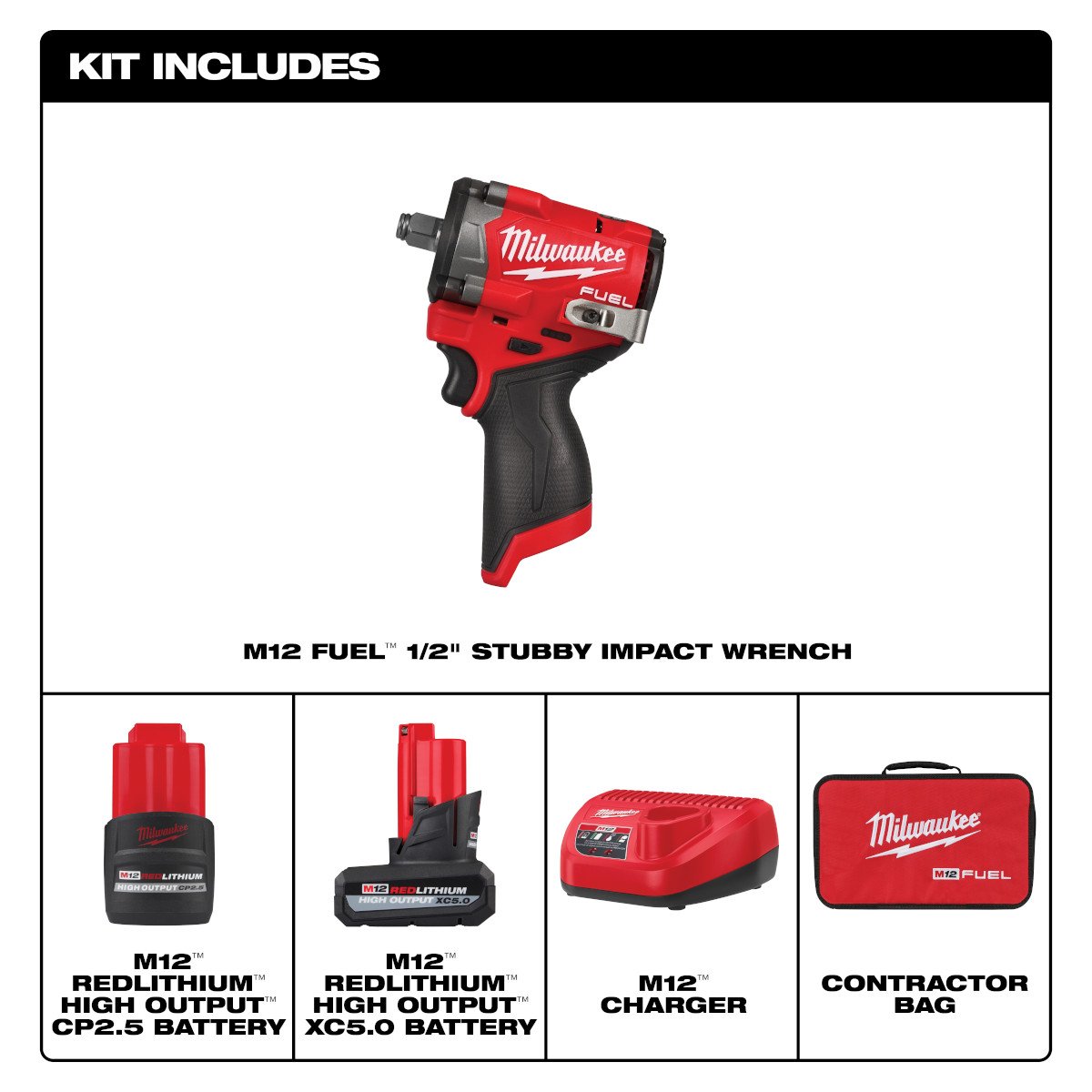 Milwaukee 2563-22 M12 FUEL™ Stubby 1/2" Impact Wrench Kit - feature callout