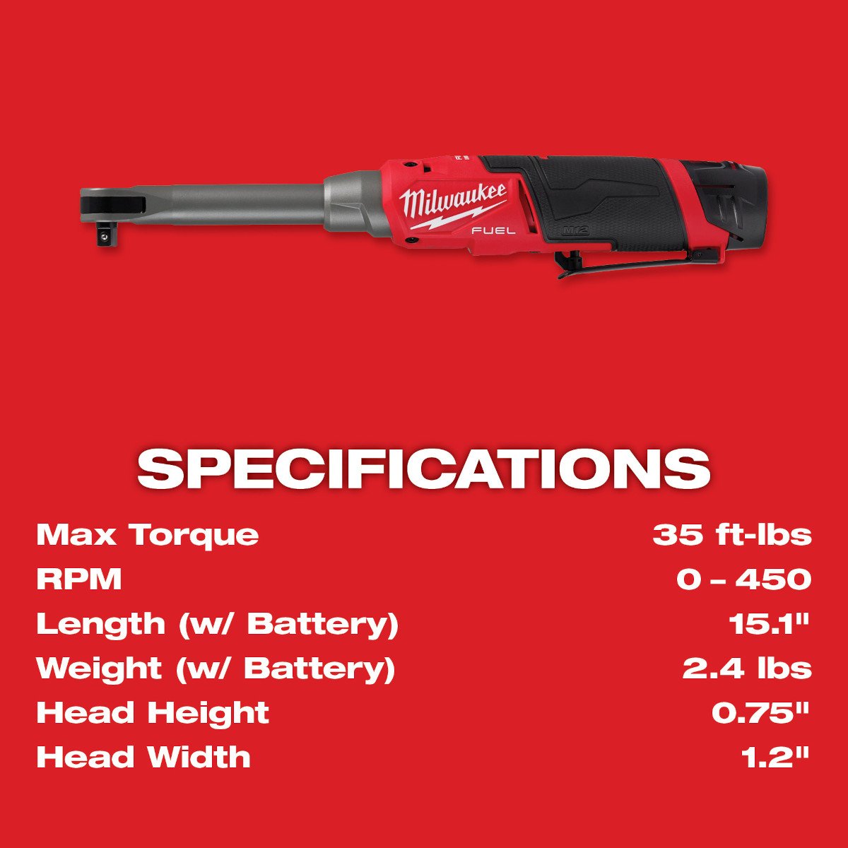 Milwaukee 2569-21 M12 FUEL™ 3/8" Extended Reach High Speed Ratchet Kit - feature callout