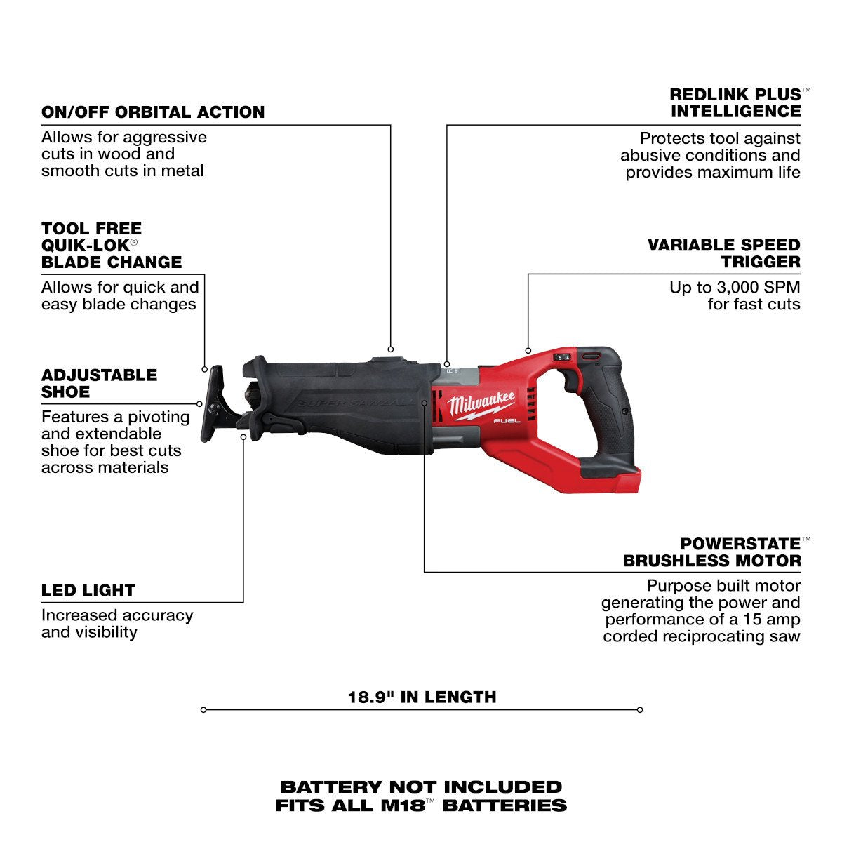 Milwaukee 2722-20 M18 FUEL™ SUPER SAWZALL® - feature callout