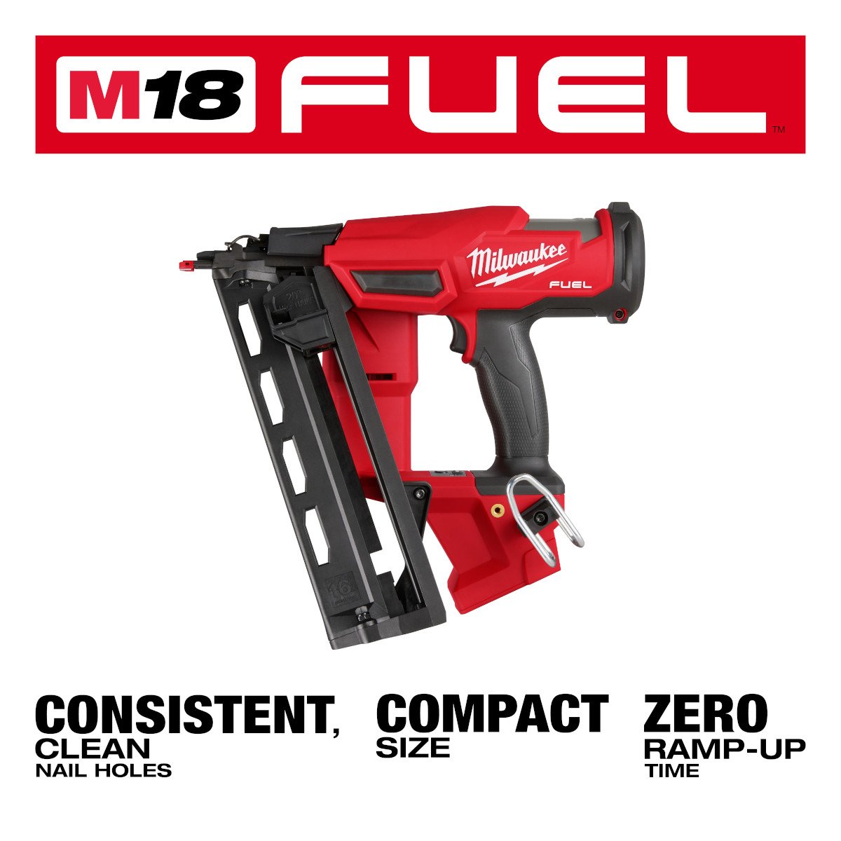 Milwaukee 2841-20 M18 FUEL™ 16 Gauge Angled Finish Nailer - feature callout