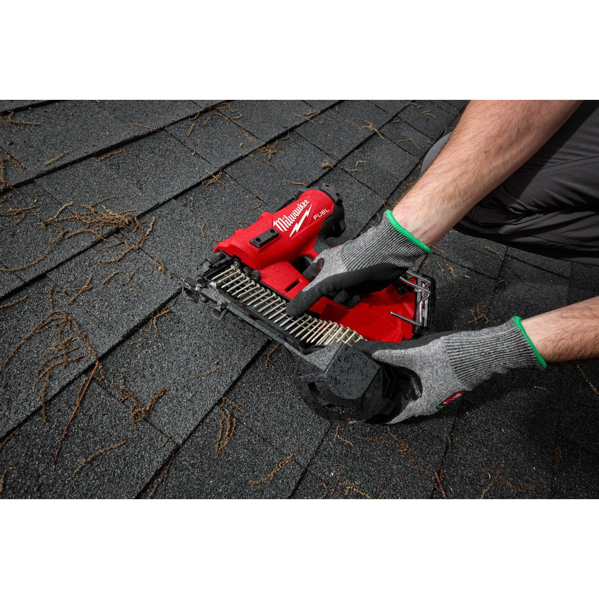 Milwaukee 2909-20 M18 FUEL™ Coil Roofing Nailer - in use