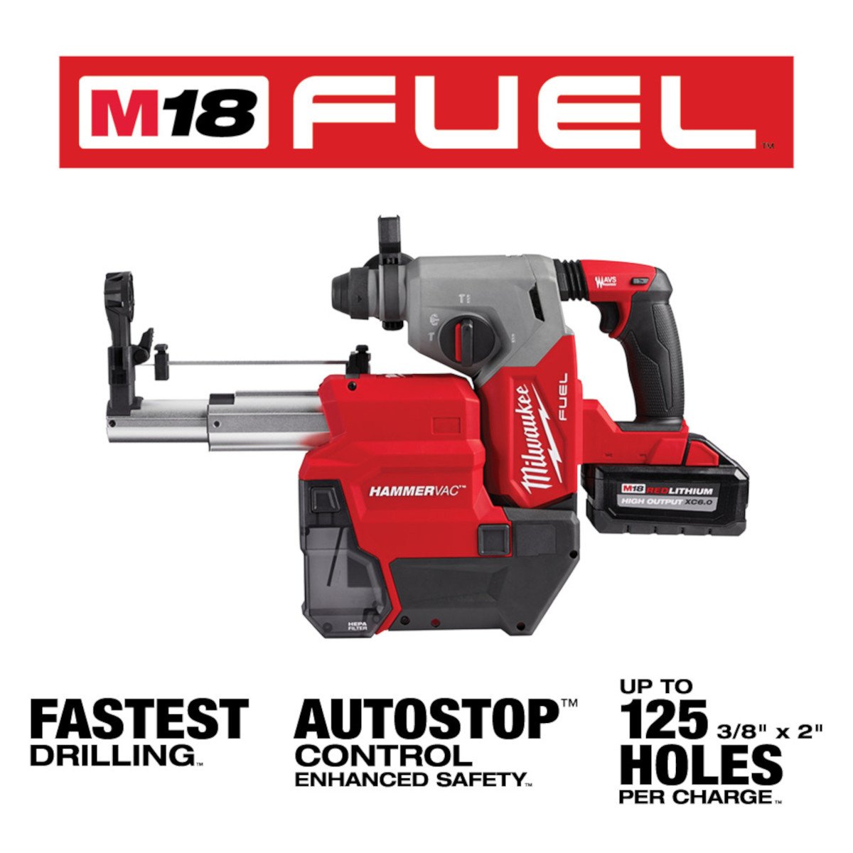 Milwaukee 2912-22DE M18 FUEL™ 1 in SDS Plus Rotary Hammer with Dust Extractor Kit - feature callout